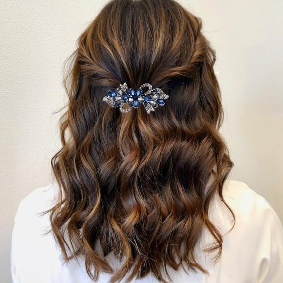 Navy Blue Flower Hair Clips Rhinestone Hairpins Elegant Gift for Women - Picture 2 of 8